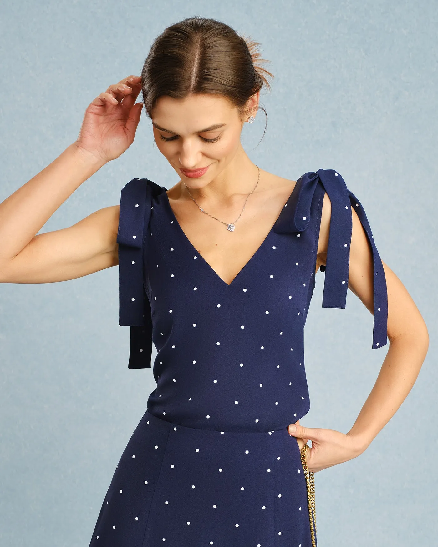 Navy V Neck Polka Dot Cami Top sold by rihoas