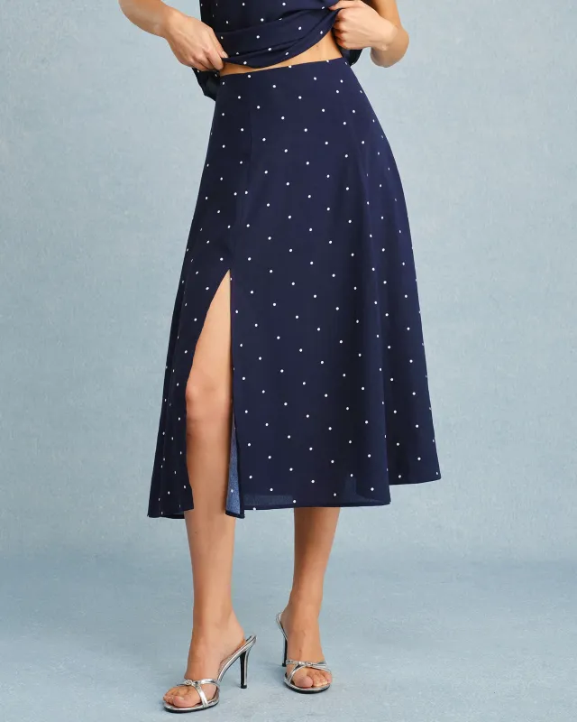 Navy Polka Dot Slit Midi Skirt sold by rihoas