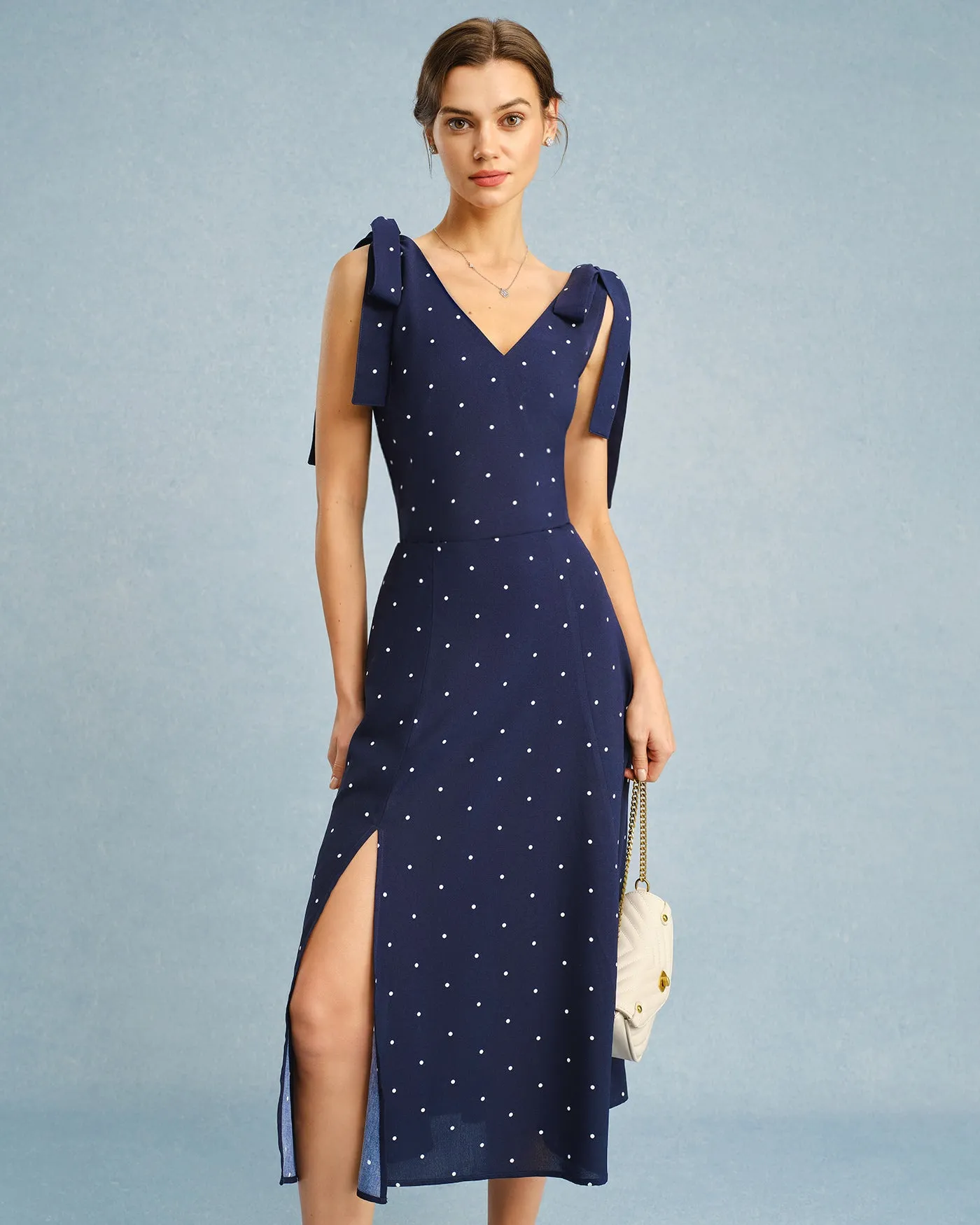 Navy Polka Dot Slit Midi Skirt sold by rihoas product image thumbnail 2