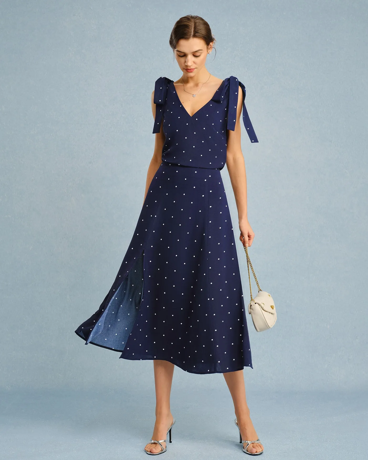 Navy Polka Dot Slit Midi Skirt sold by rihoas product image thumbnail 4