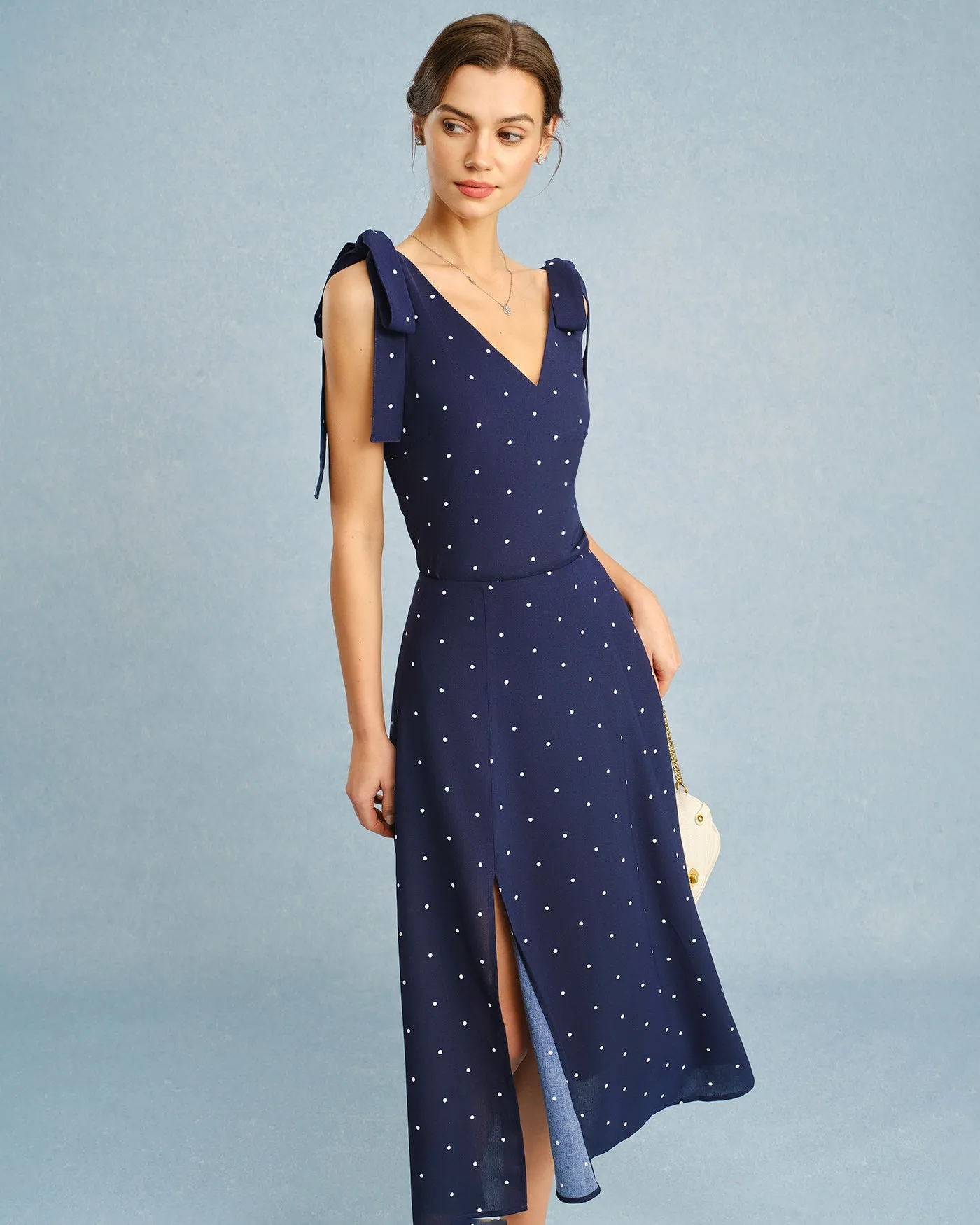 Navy Polka Dot Slit Midi Skirt sold by rihoas product image thumbnail 3