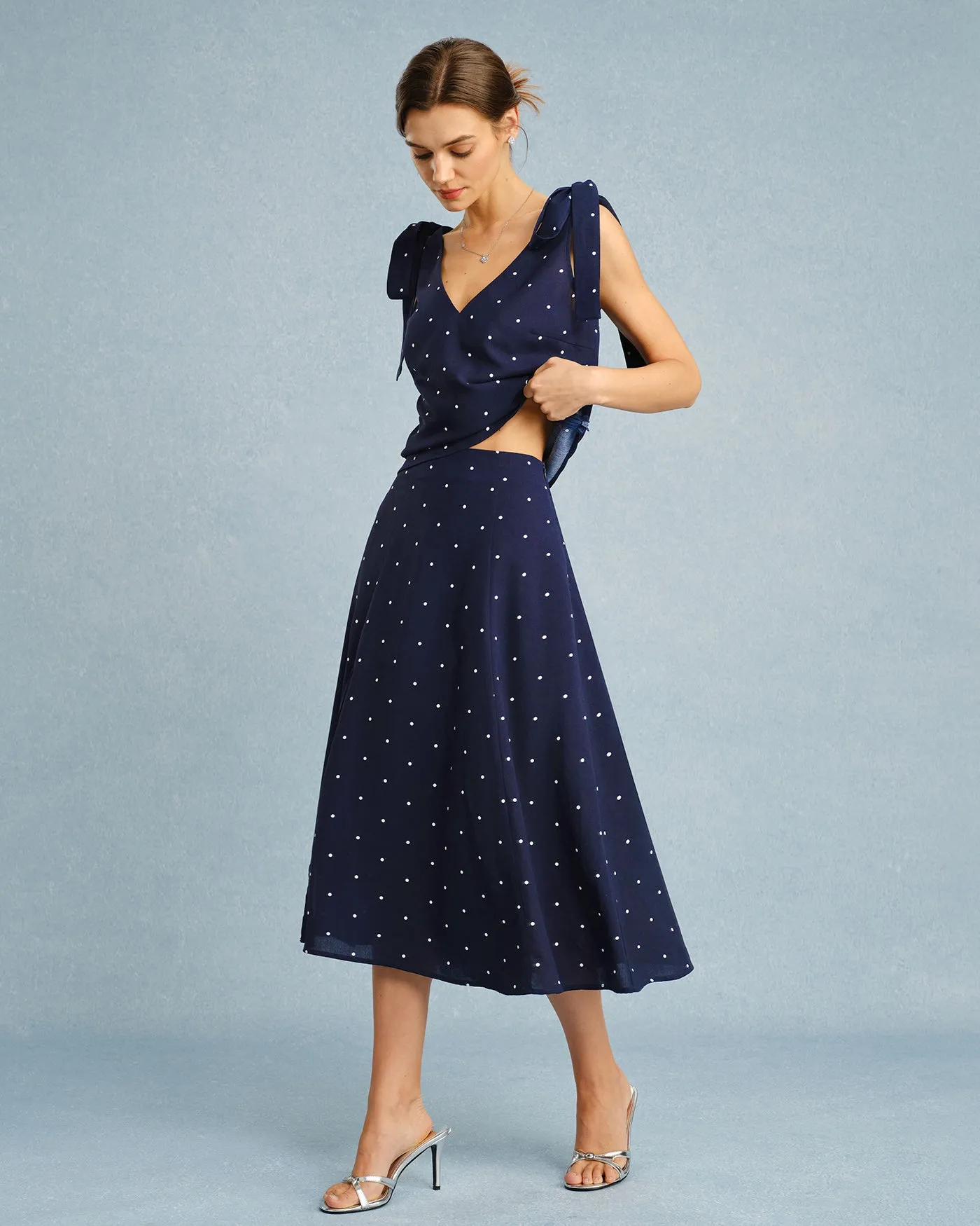 Navy Polka Dot Slit Midi Skirt sold by rihoas product image thumbnail 5