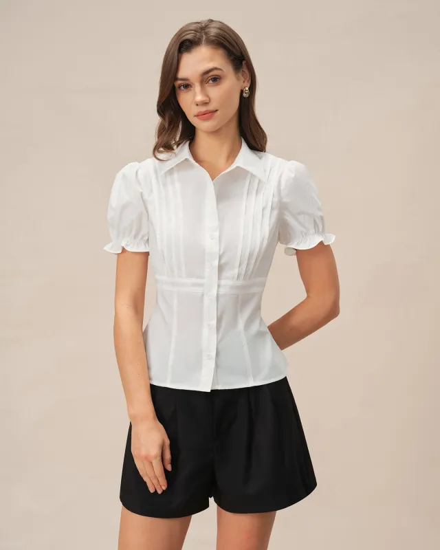White Puffed Sleeve Collar Blouse sold by rihoas