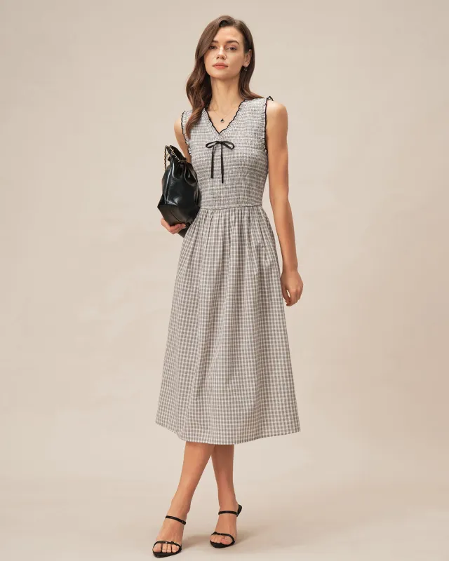 Black V Neck Plaid Midi Dress sold by rihoas