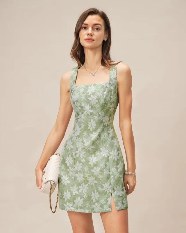 Green Square Neck Slit Floral Mini Dress made by rihoas