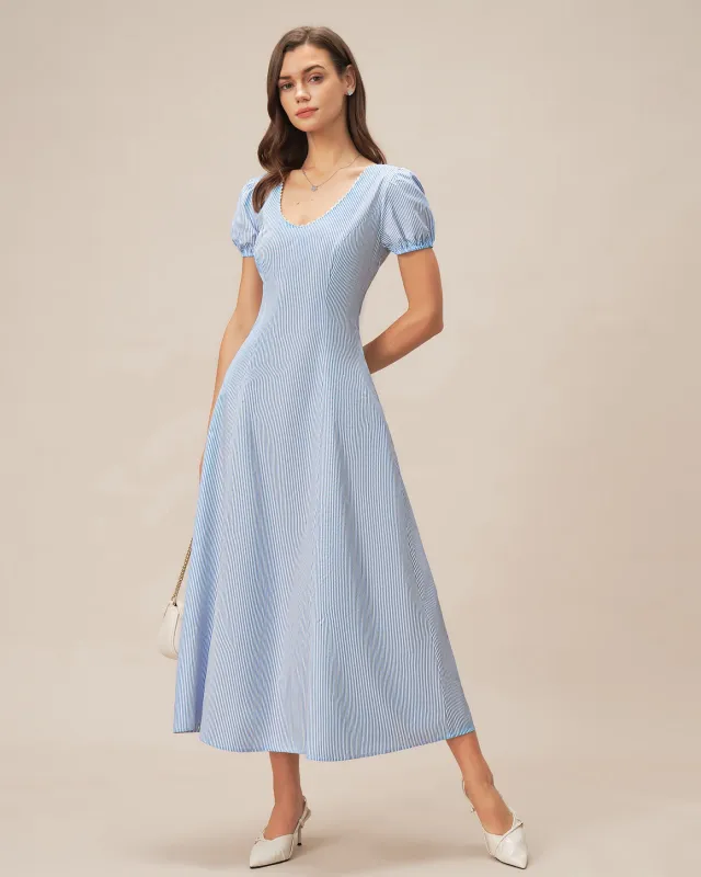 Blue V Neck Puffed Sleeve Striped Maxi Dress sold by rihoas