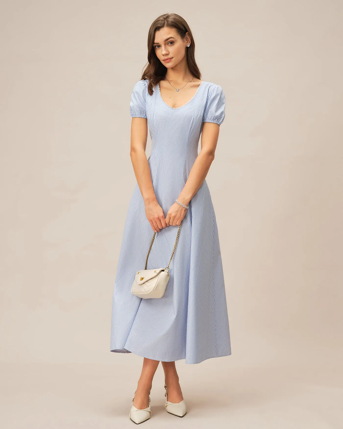 Blue V Neck Puffed Sleeve Striped Maxi Dress sold by rihoas product image thumbnail 4