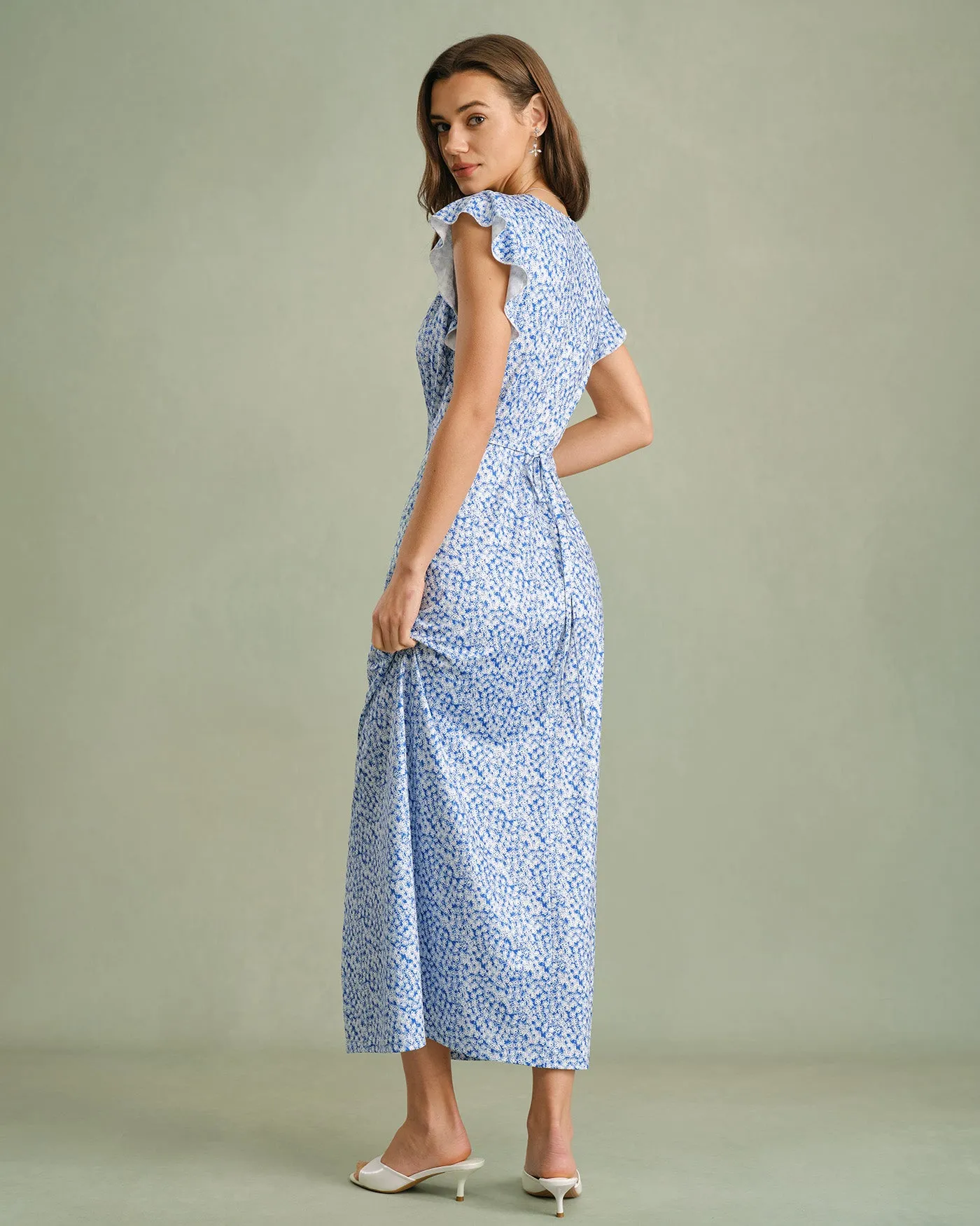 Blue V Neck Tie Floral Maxi Dress sold by rihoas product image thumbnail 5