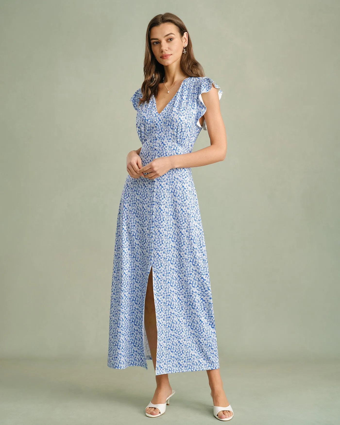 Blue V Neck Tie Floral Maxi Dress sold by rihoas product image thumbnail 4