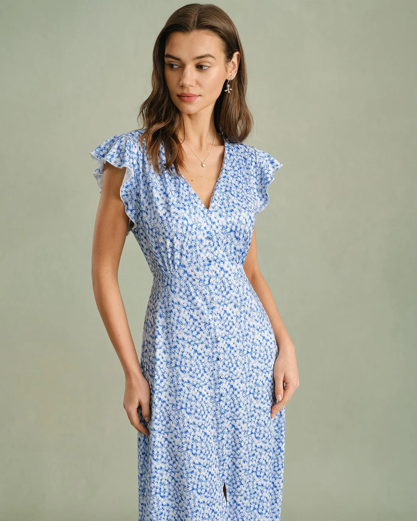 Blue V Neck Tie Floral Maxi Dress sold by rihoas product image thumbnail 3