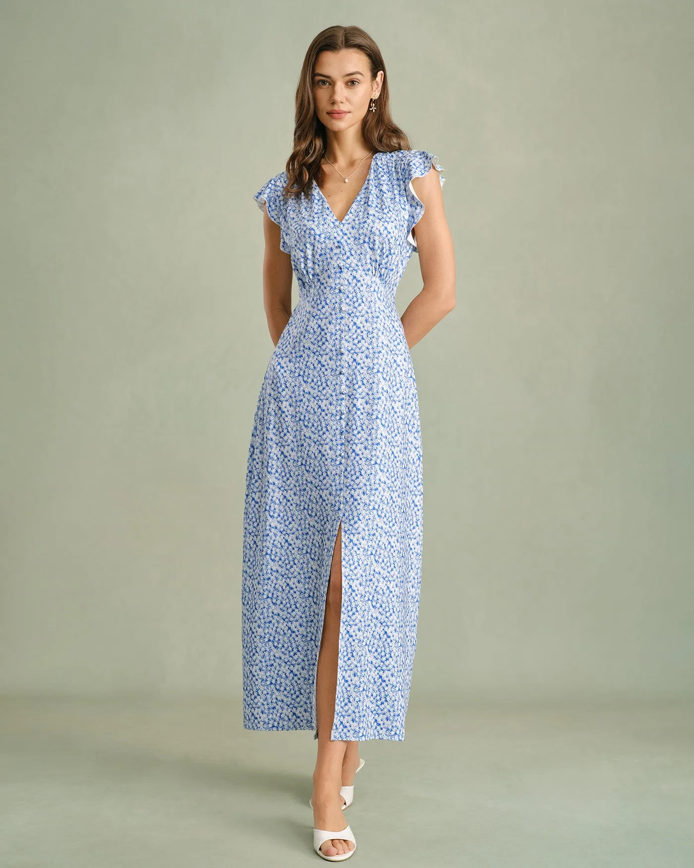 Blue V Neck Tie Floral Maxi Dress sold by rihoas