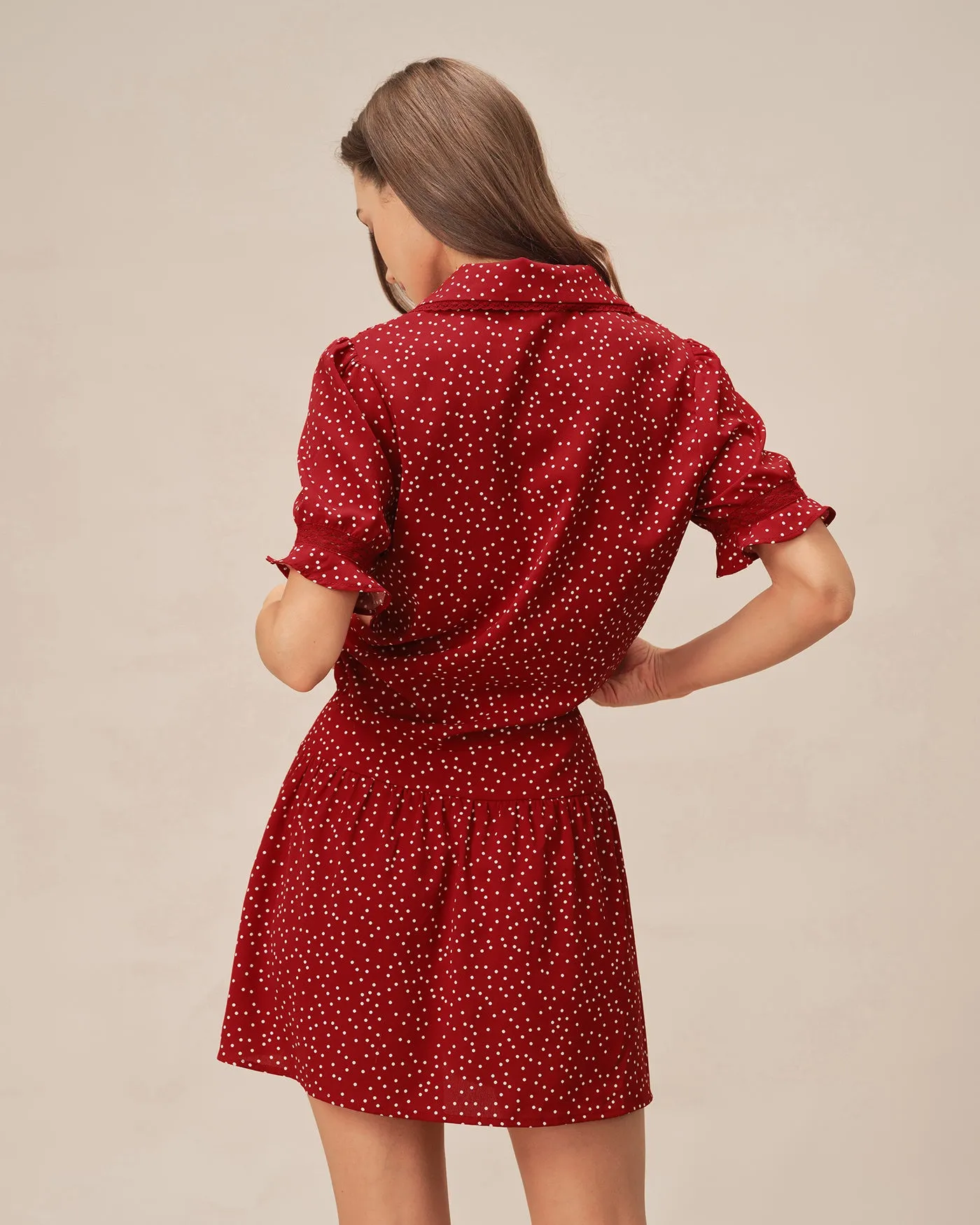 Red Puffed Sleeve Polka Dot Collar Blouse sold by rihoas product image thumbnail 5