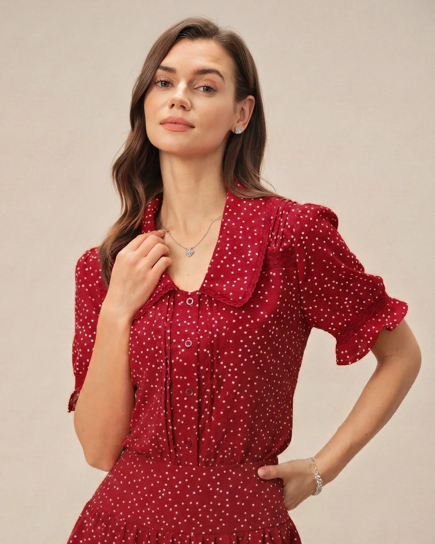 Red Puffed Sleeve Polka Dot Collar Blouse sold by rihoas product image thumbnail 2