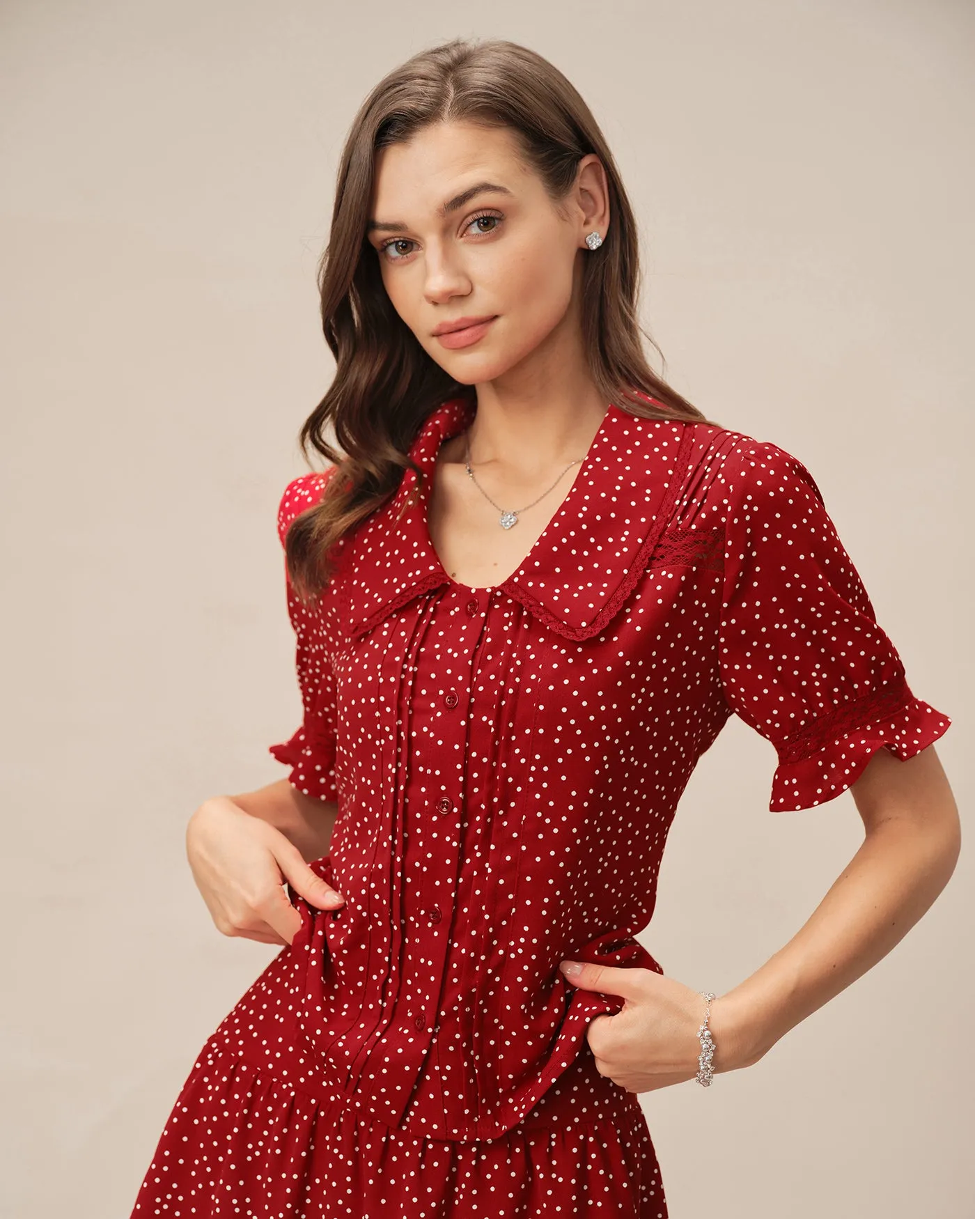 Red Puffed Sleeve Polka Dot Collar Blouse sold by rihoas product image thumbnail 3