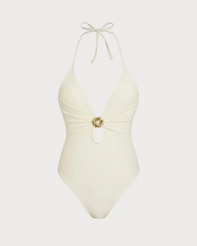 Off White Halter Bralette One Piece Swimsuit sold by rihoas