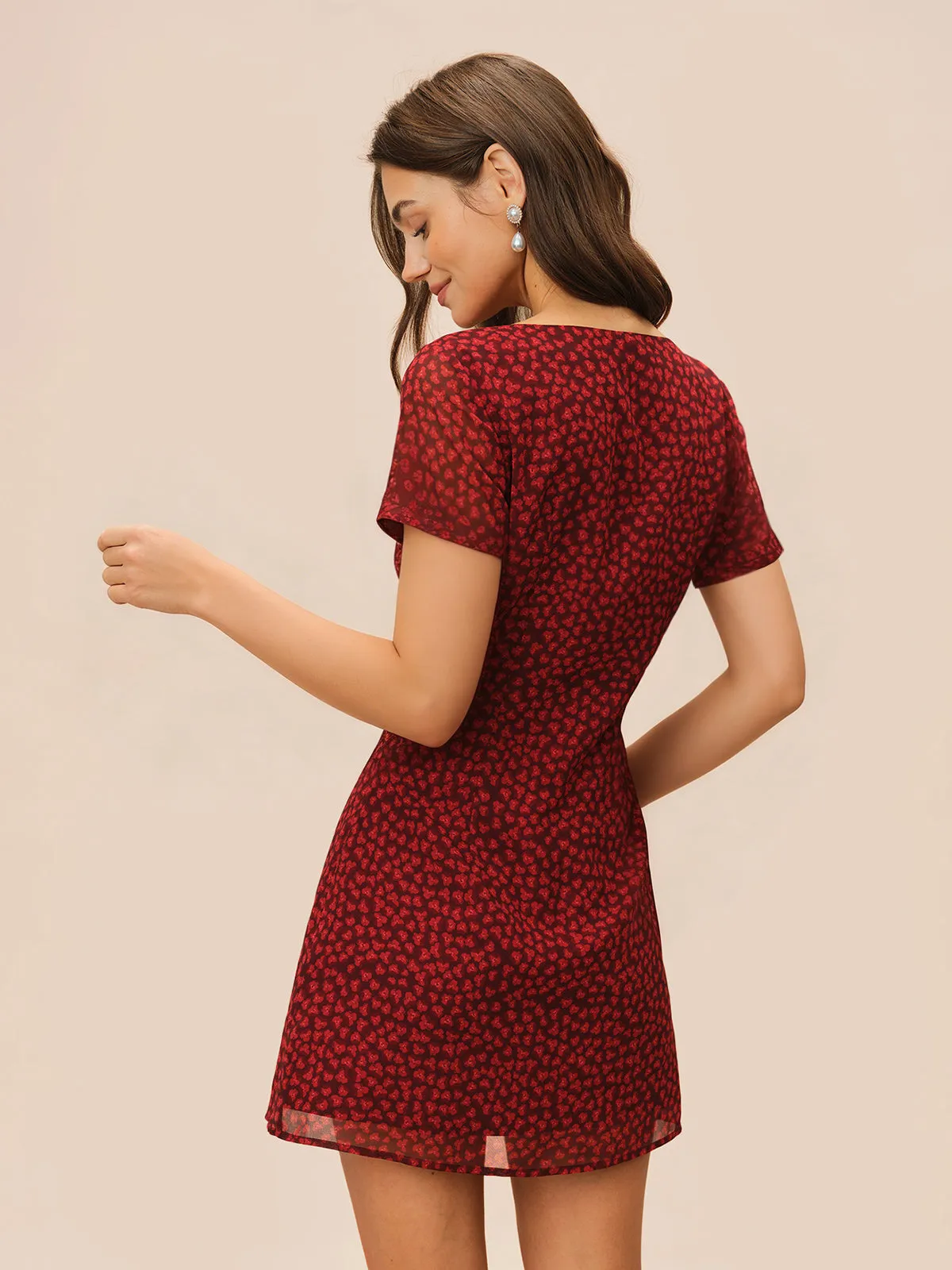 Red Boat Neck Floral Mini Dress sold by rihoas product image thumbnail 4