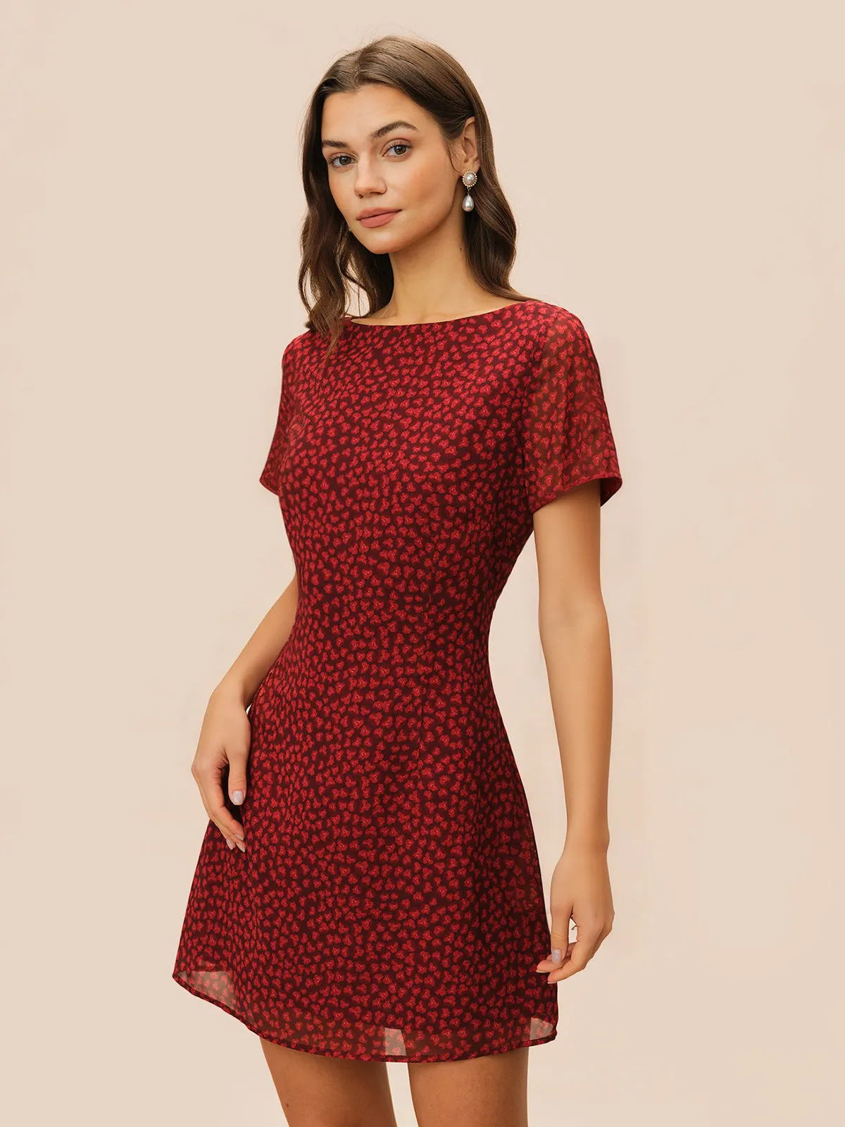Red Boat Neck Floral Mini Dress sold by rihoas product image thumbnail 3