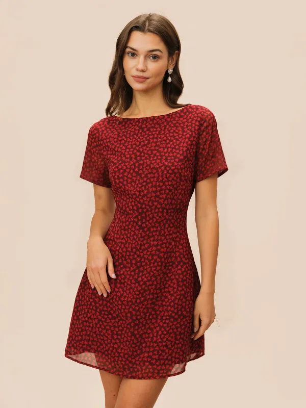 Red Boat Neck Floral Mini Dress sold by rihoas