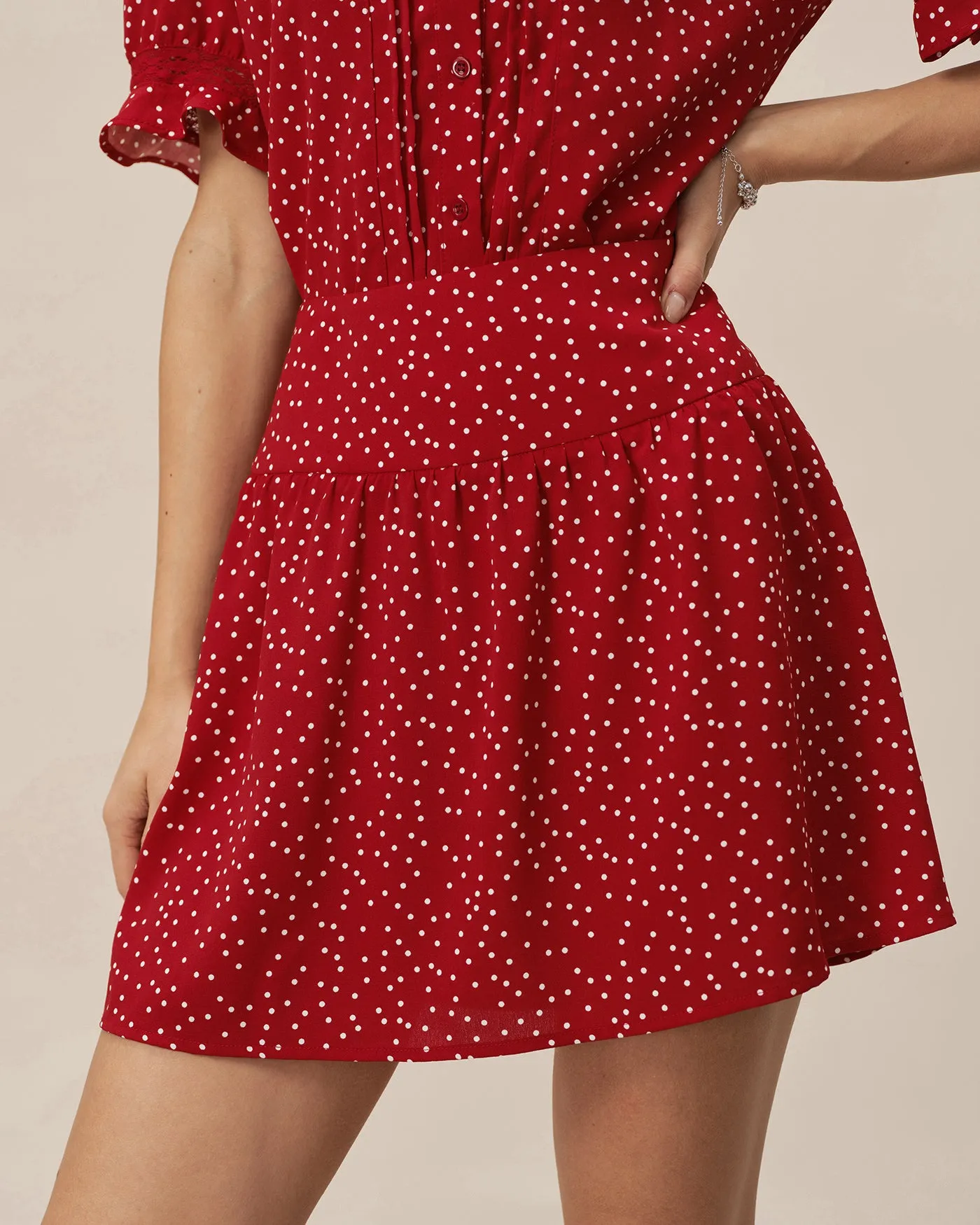 Red Polka Dot Ruched Mini Skirt sold by rihoas