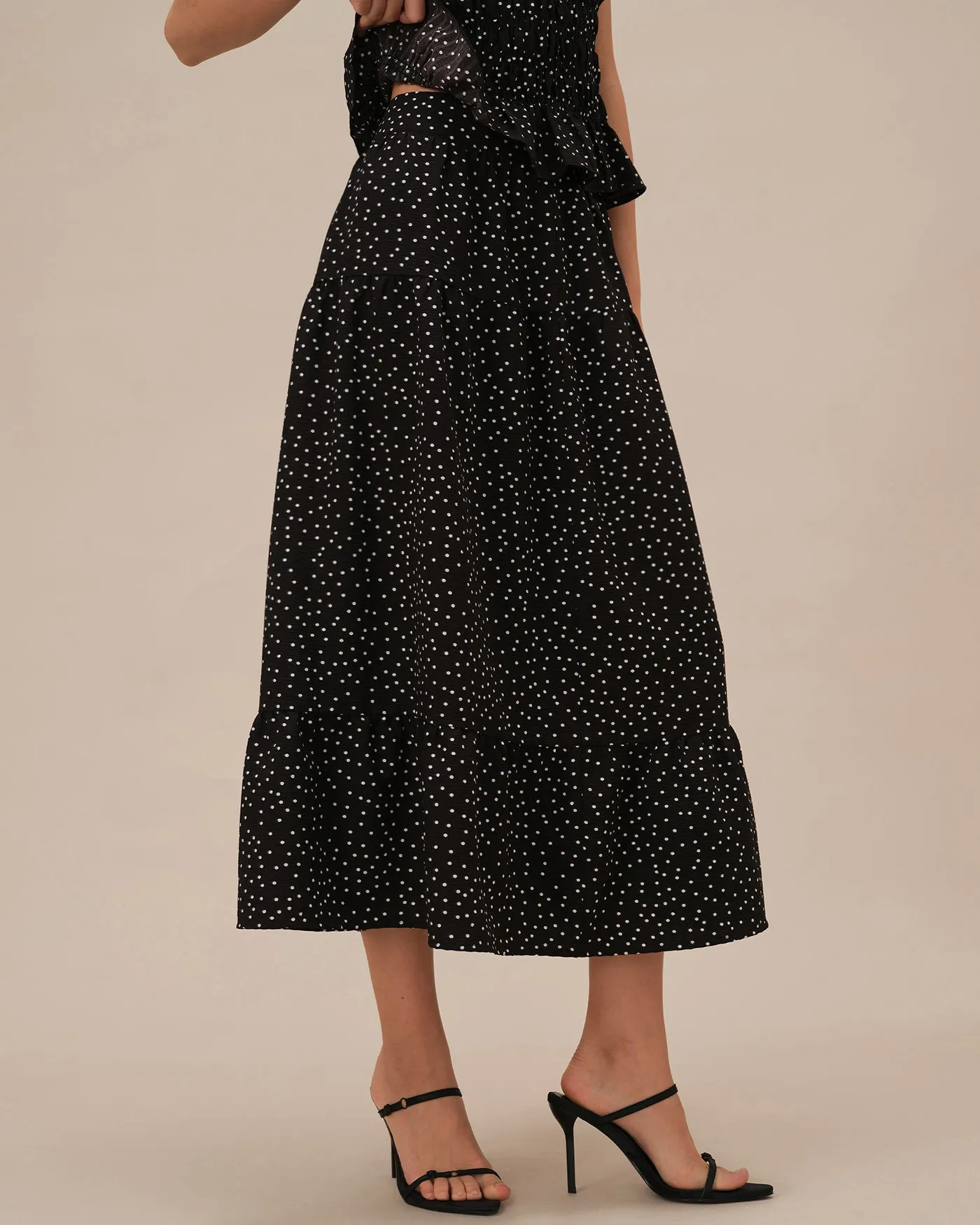 Black Polka Dot Ruched Midi Skirt sold by rihoas product image thumbnail 2