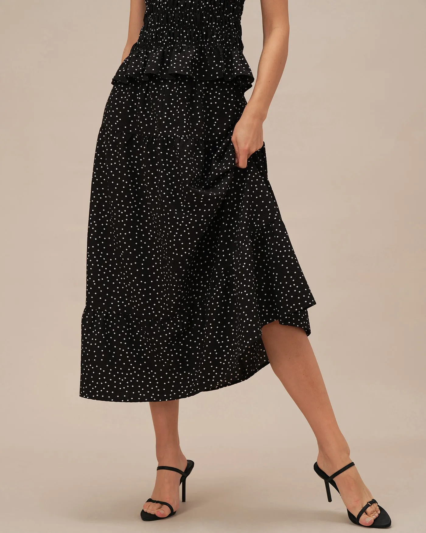 Black Polka Dot Ruched Midi Skirt sold by rihoas