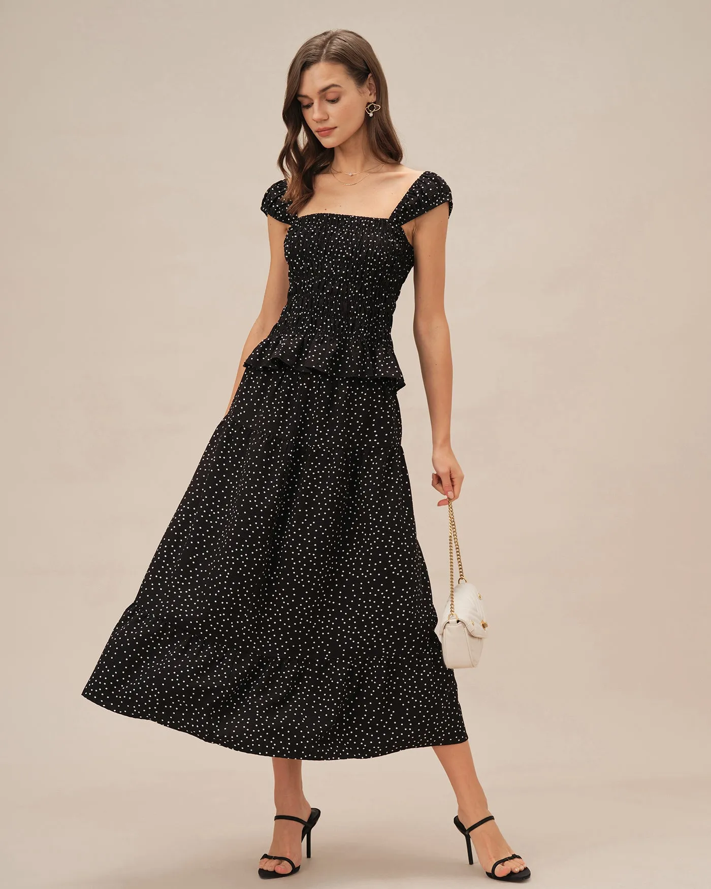 Black Polka Dot Ruched Midi Skirt sold by rihoas product image thumbnail 4