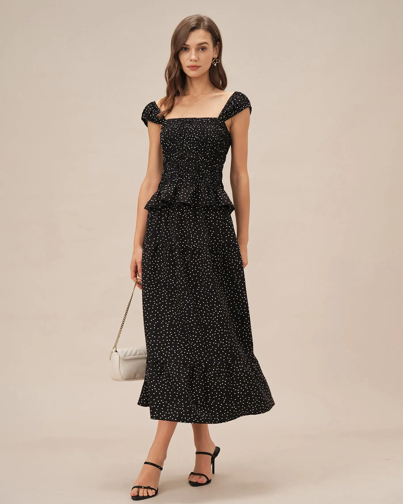 Black Polka Dot Ruched Midi Skirt sold by rihoas product image thumbnail 3
