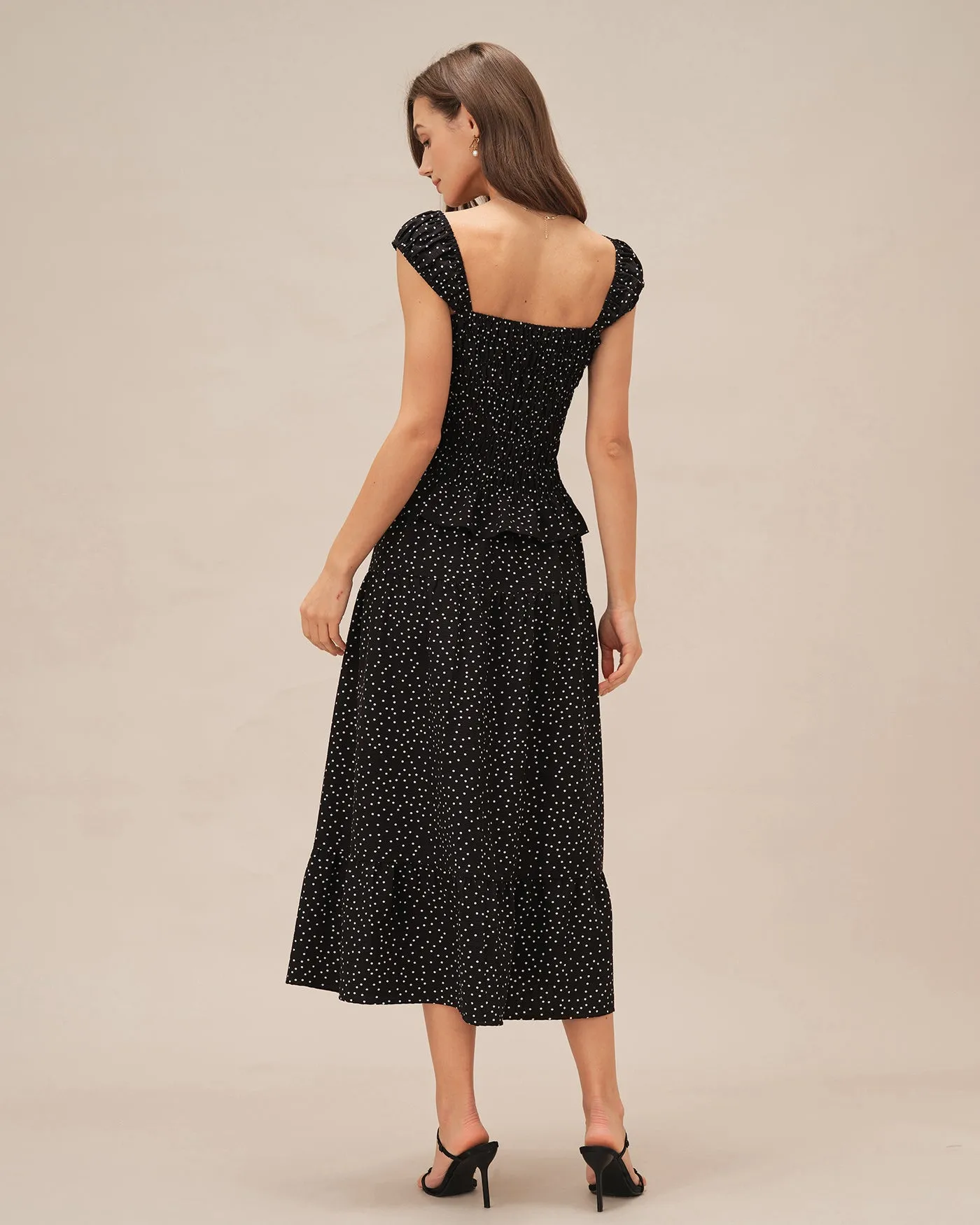 Black Polka Dot Ruched Midi Skirt sold by rihoas product image thumbnail 5