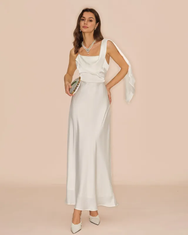 Off White Square Neck Satin Maxi Dress sold by rihoas