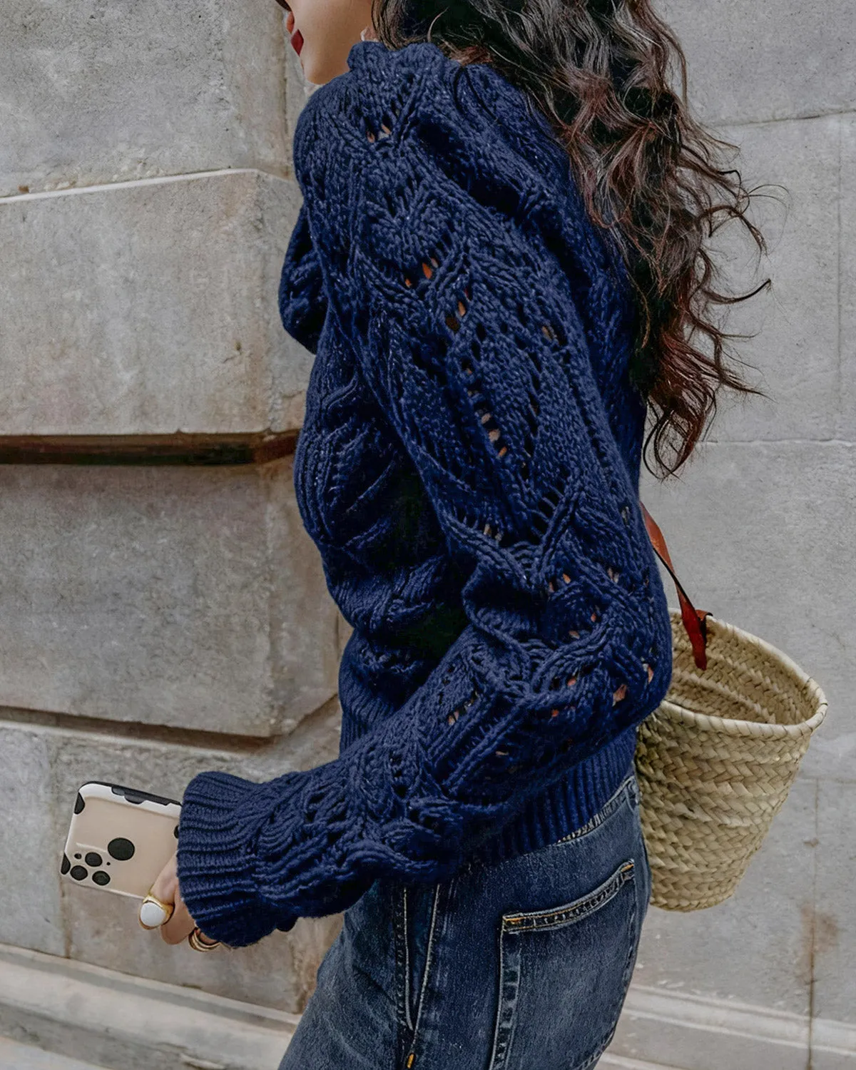 Blue Round Neck Cut Out Sweater sold by rihoas product image thumbnail 3
