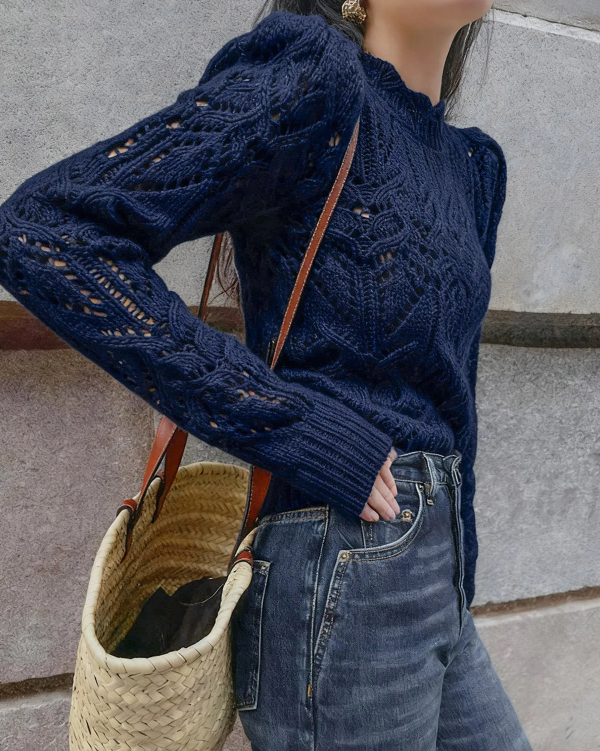 Blue Round Neck Cut Out Sweater sold by rihoas product image thumbnail 4