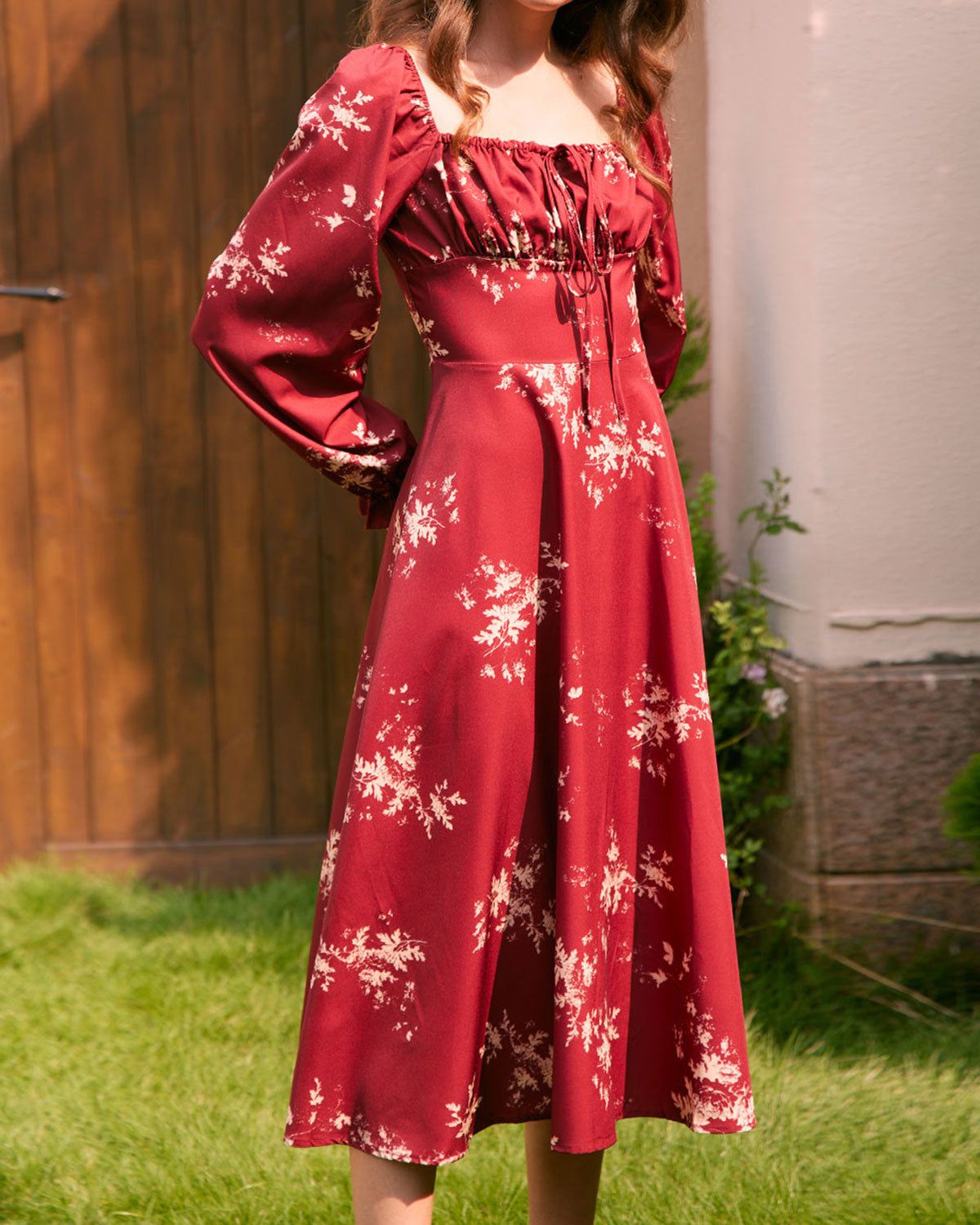 The Red Square Neck Ruffle Floral Midi Dress sold by rihoas