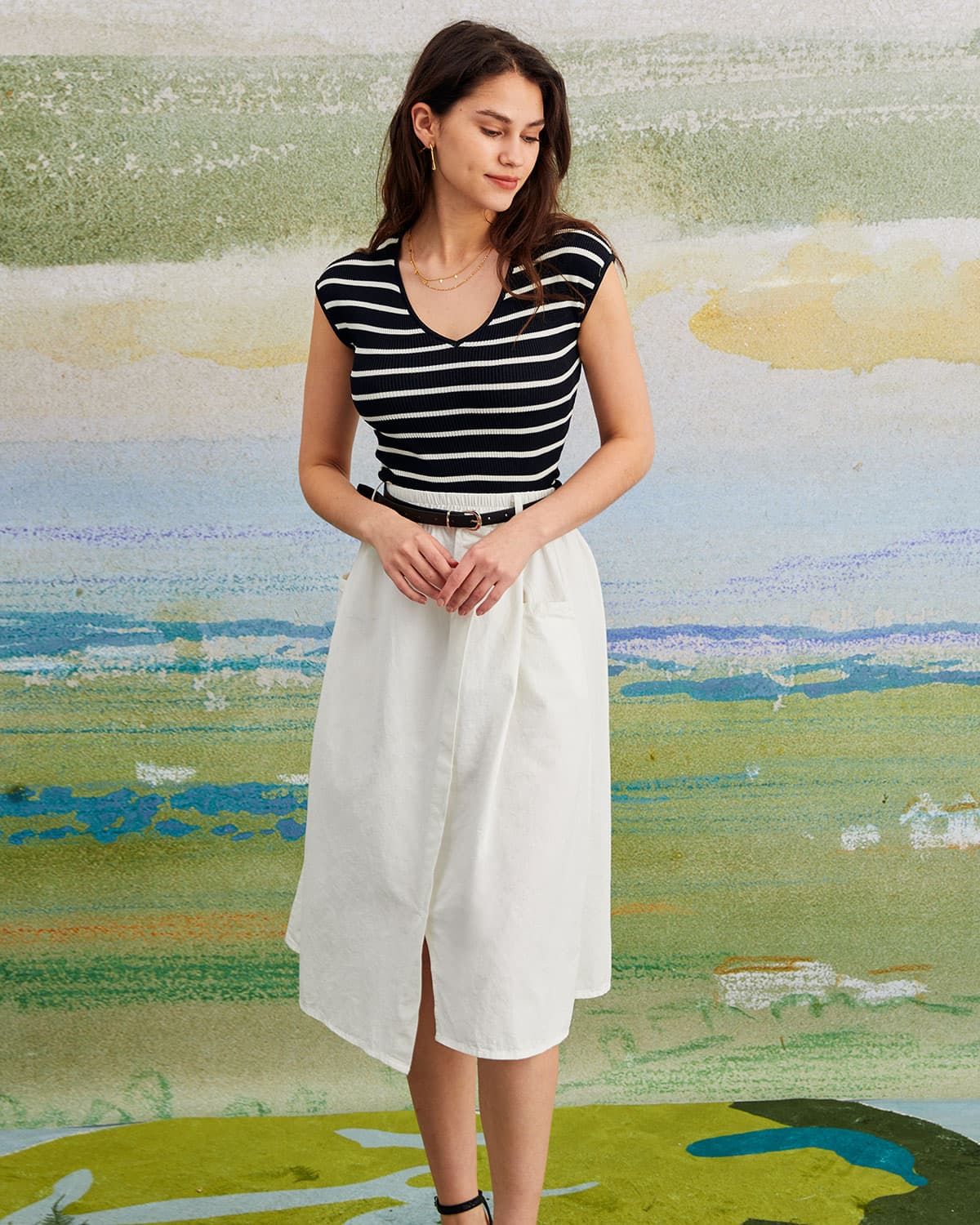 The V Neck Striped Ribbed Knit Tank Top sold by rihoas product image thumbnail 3