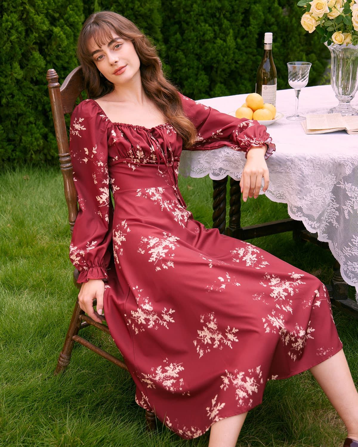 The Red Square Neck Ruffle Floral Midi Dress sold by rihoas product image thumbnail 3
