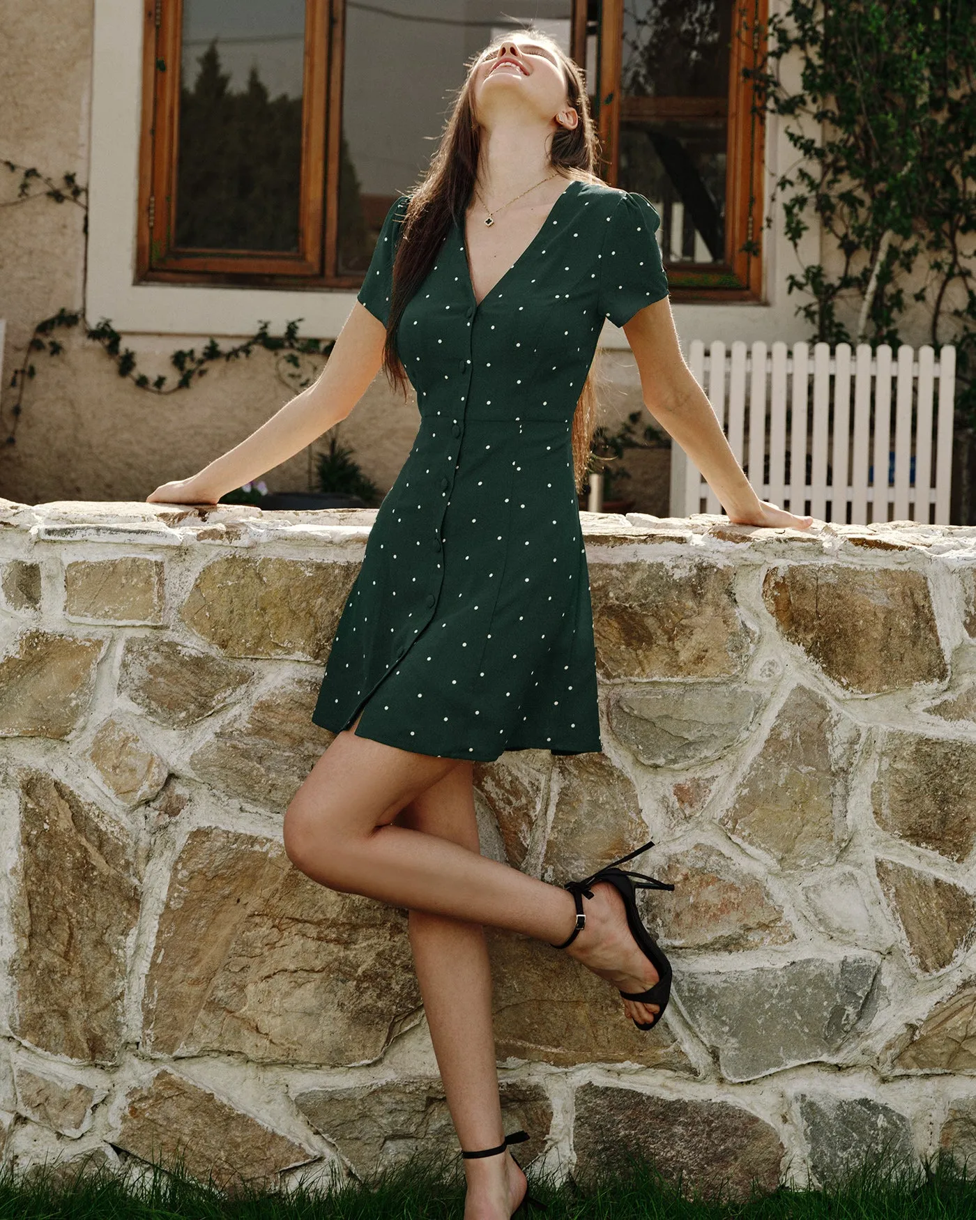 Green V Neck Polka Dot Mini Dress sold by rihoas product image thumbnail 5