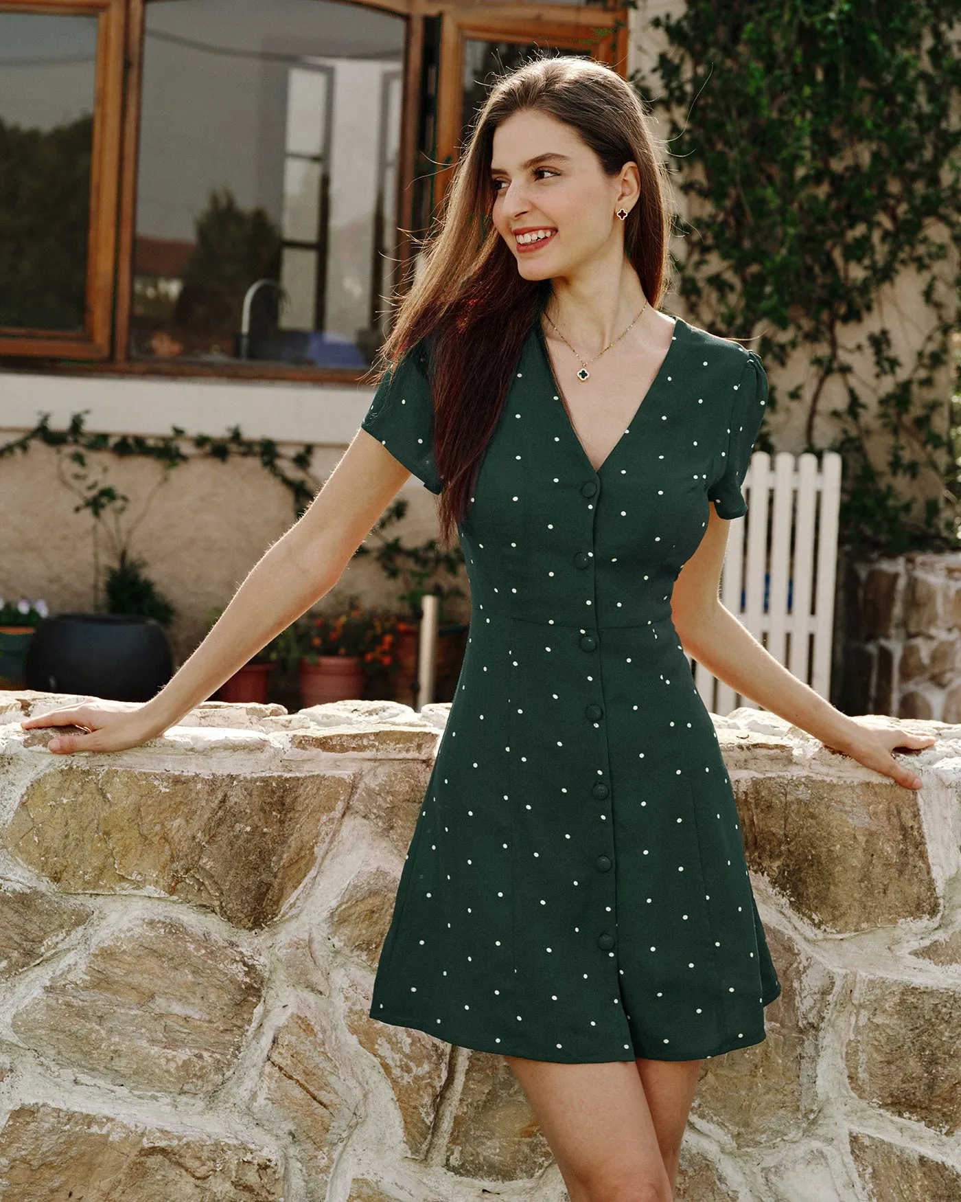 Green V Neck Polka Dot Mini Dress sold by rihoas product image thumbnail 3