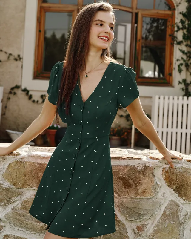 Green V Neck Polka Dot Mini Dress sold by rihoas