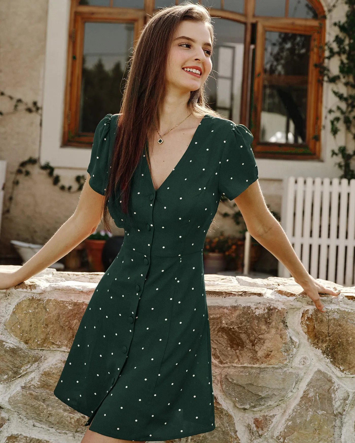 Green V Neck Polka Dot Mini Dress sold by rihoas
