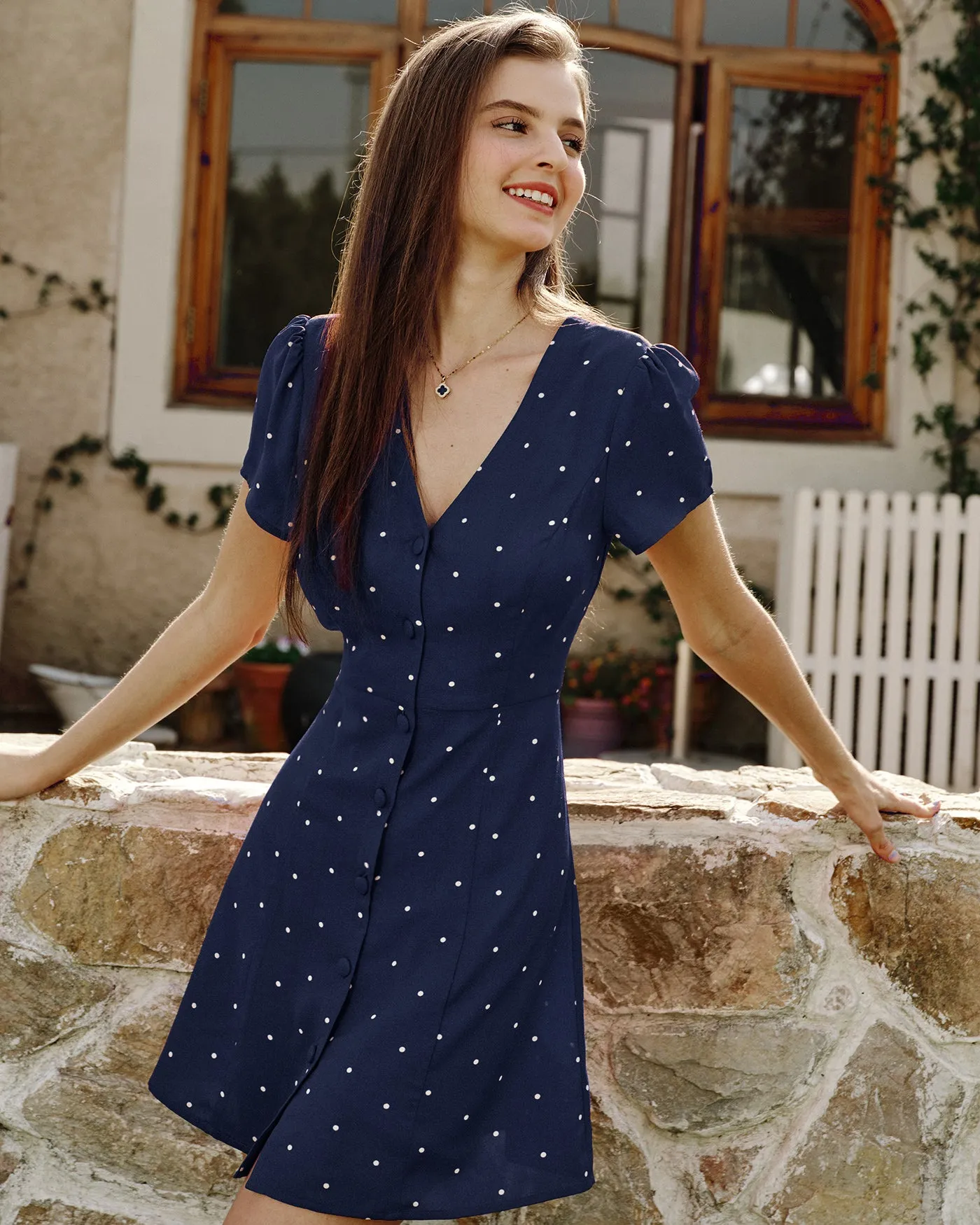 Blue V Neck Polka Dot Button Mini Dress sold by rihoas product image thumbnail 3
