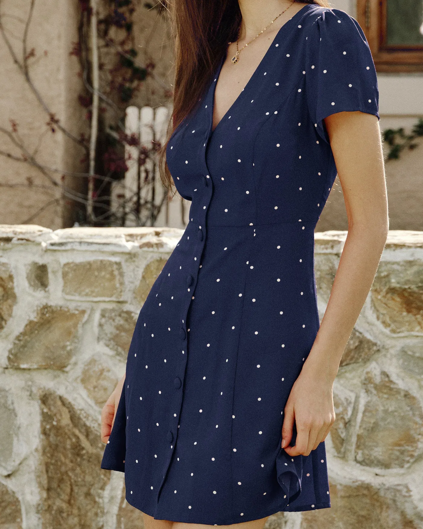 Blue V Neck Polka Dot Button Mini Dress sold by rihoas product image thumbnail 2