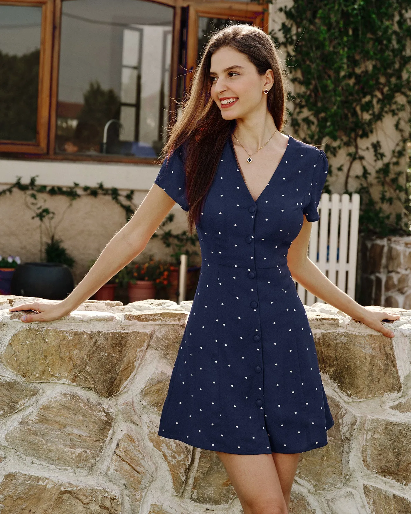 Blue V Neck Polka Dot Button Mini Dress sold by rihoas