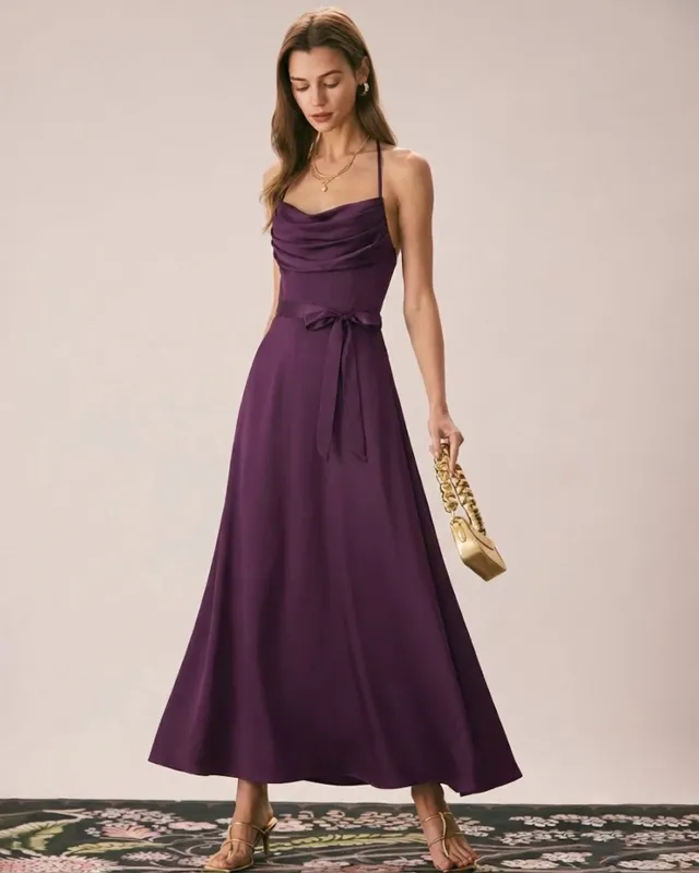 Purple Cowl Neck Satin Maxi Dress sold by rihoas