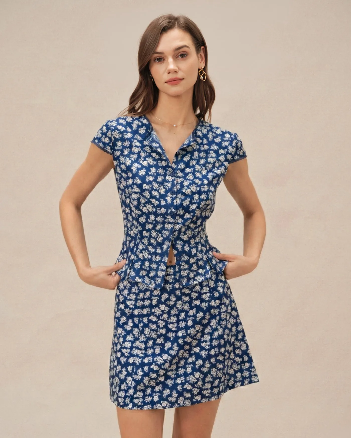 Blue Floral Cap Sleeve Button Blouse sold by rihoas product image thumbnail 4