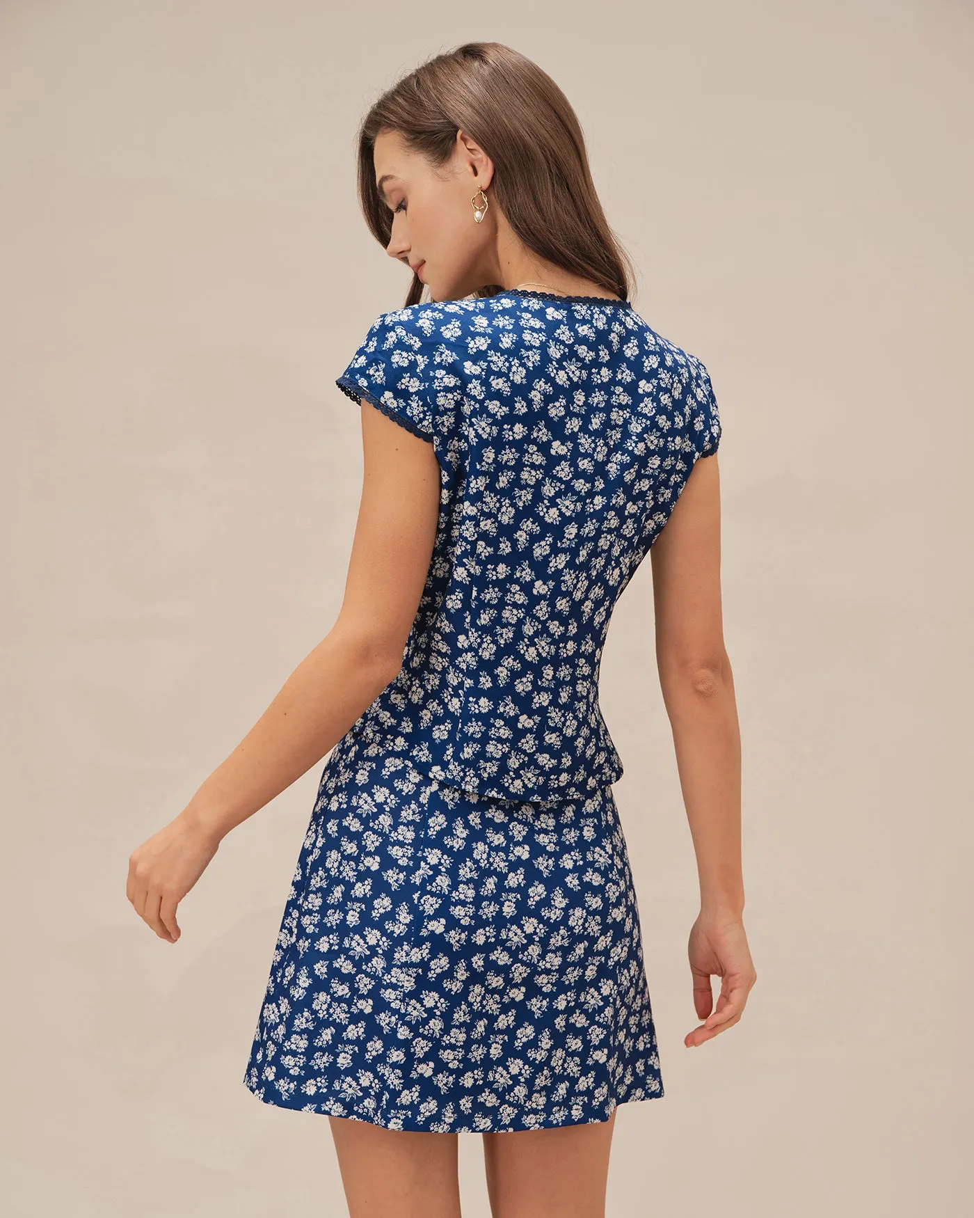 Blue Floral Cap Sleeve Button Blouse sold by rihoas product image thumbnail 5