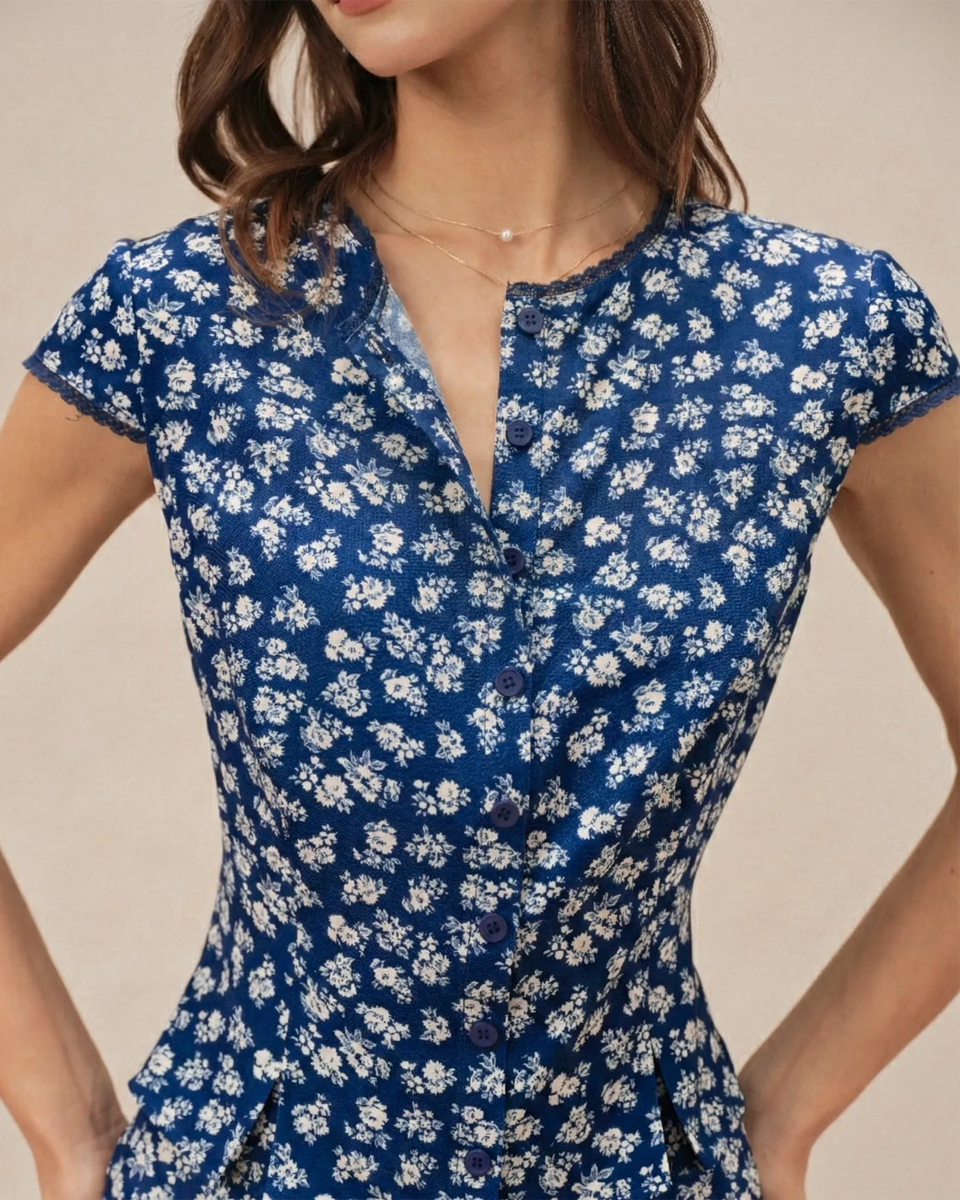 Blue Floral Cap Sleeve Button Blouse sold by rihoas product image thumbnail 2