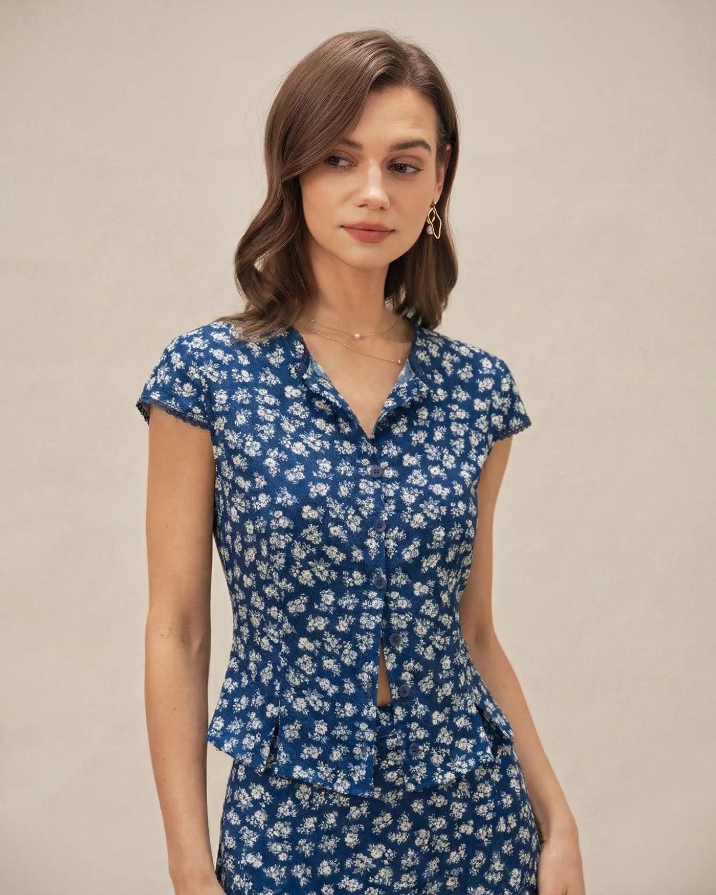 Blue Floral Cap Sleeve Button Blouse sold by rihoas product image thumbnail 3