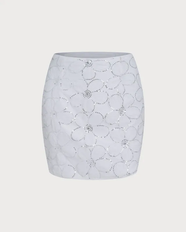 White Floral Sequins Mini Skirt sold by rihoas