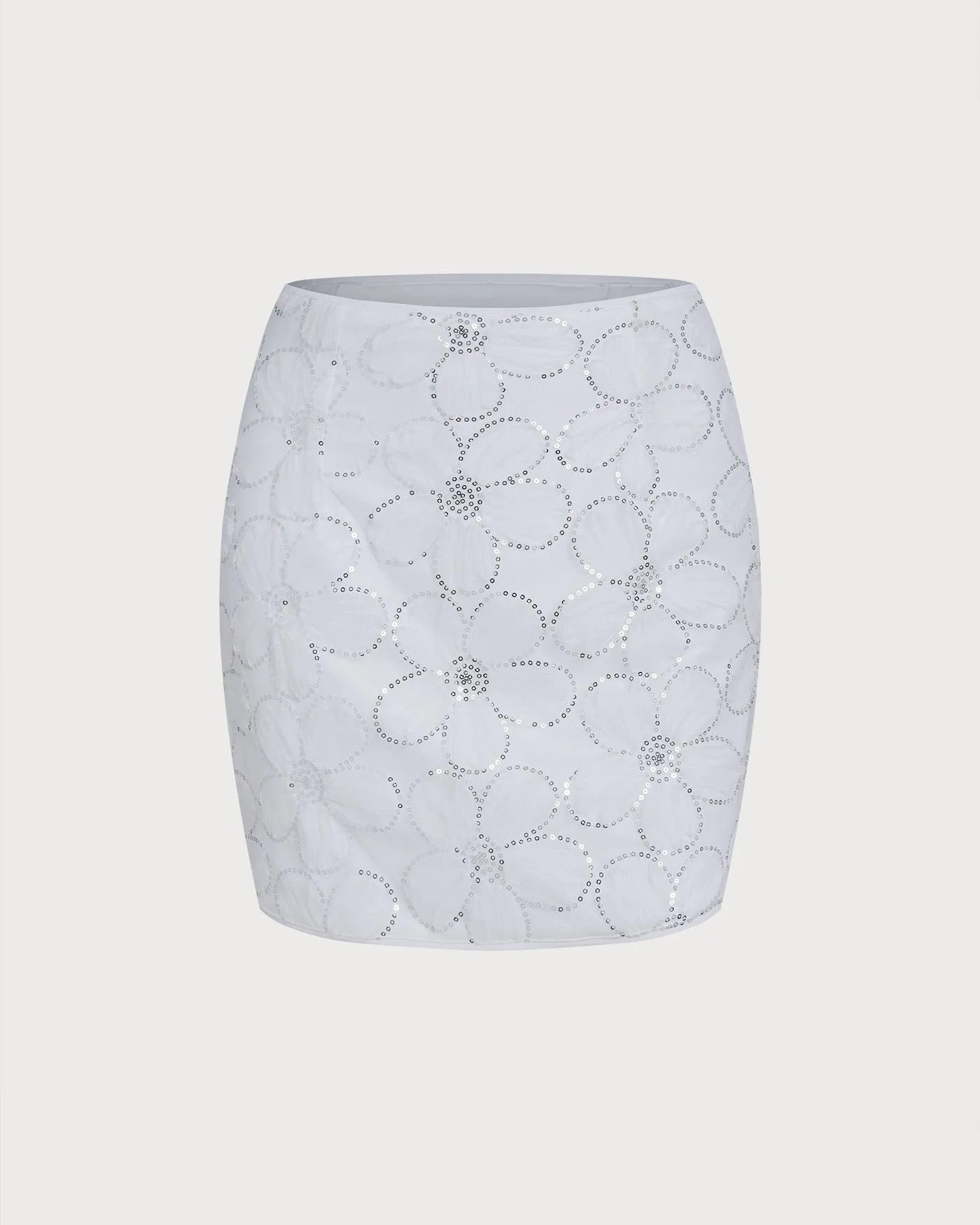 White Floral Sequins Mini Skirt sold by rihoas
