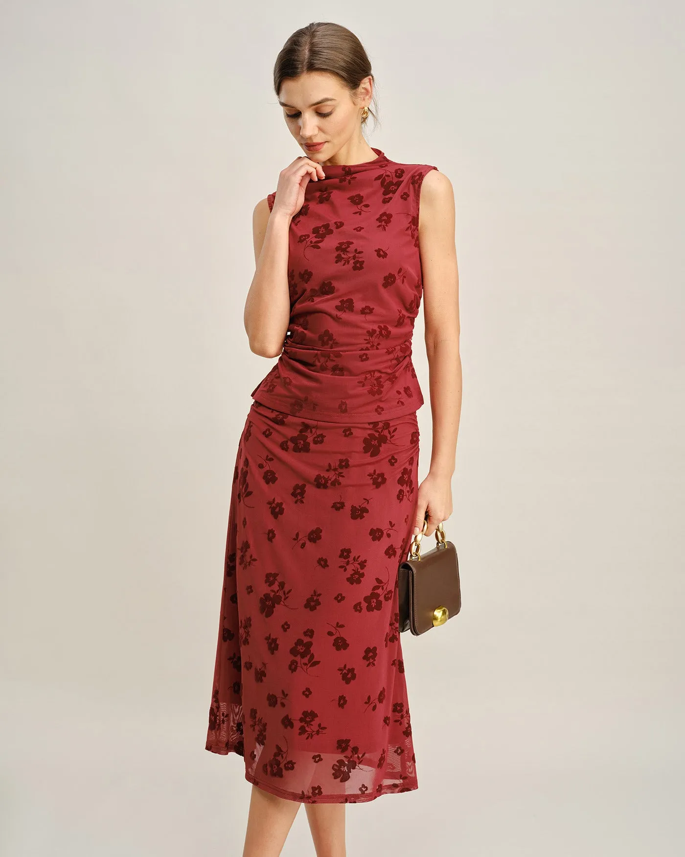 Red Floral Mermaid Midi Skirt sold by rihoas product image thumbnail 3