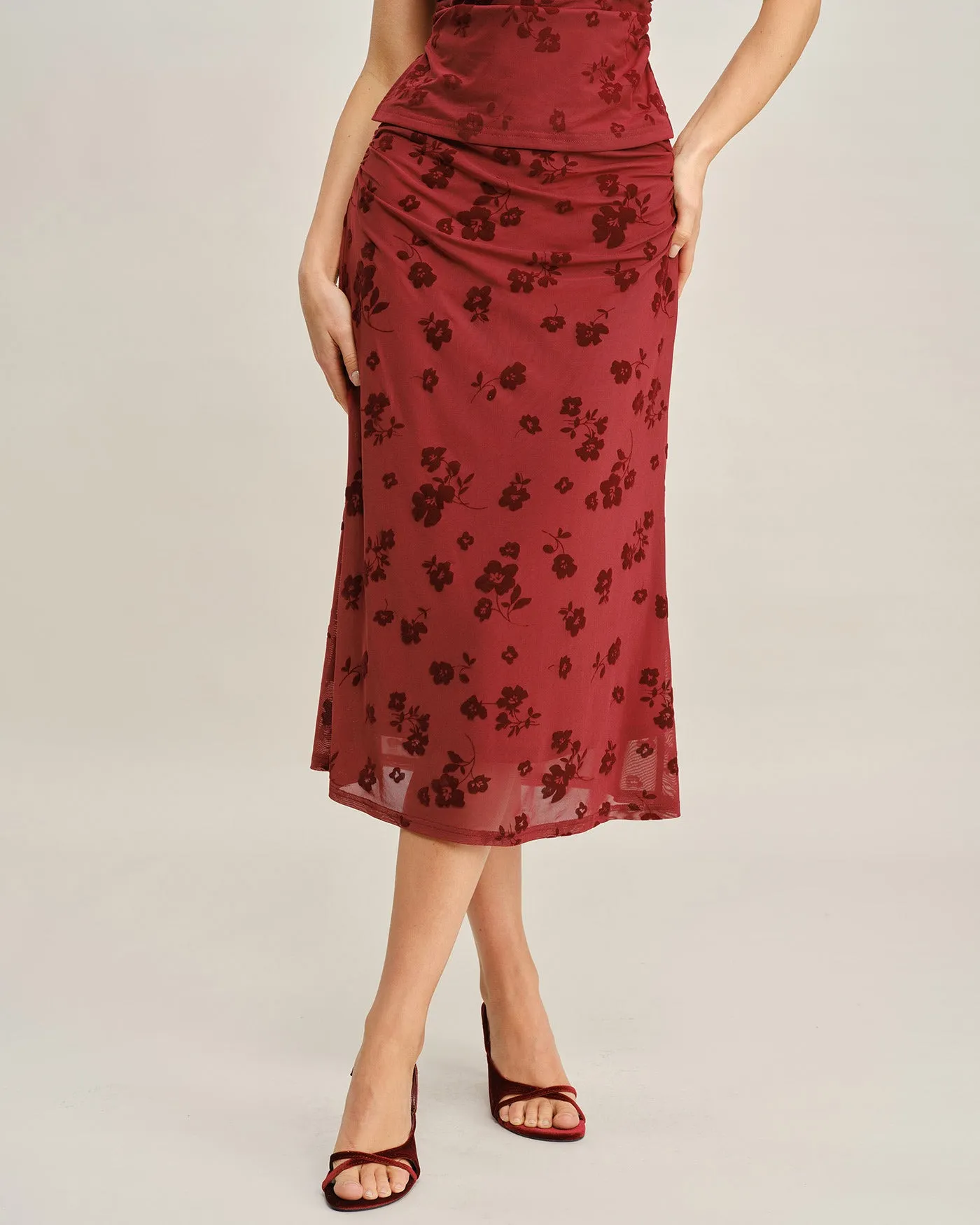 Red Floral Mermaid Midi Skirt sold by rihoas